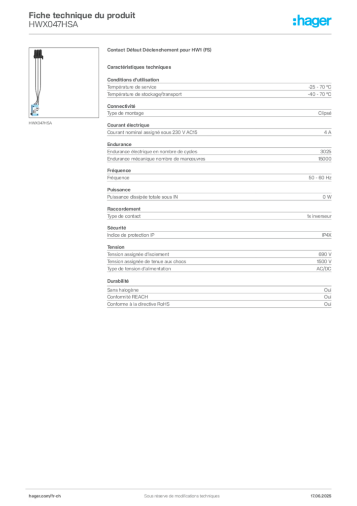 Image Hager Fiche technique du produit HWX047HSA | Hager Suisse