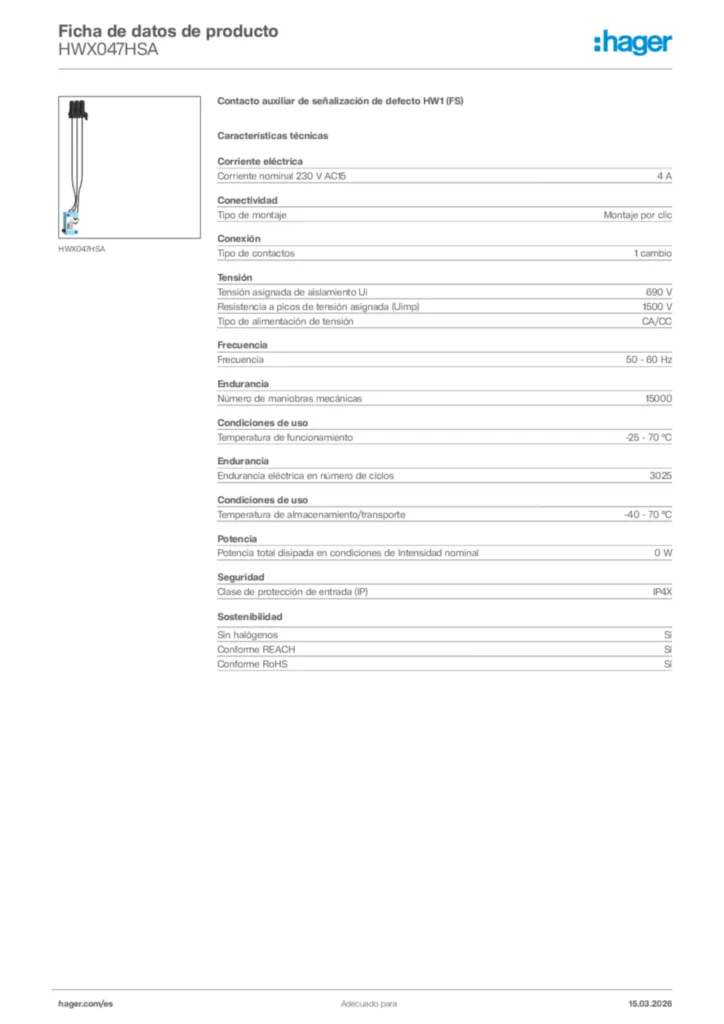 Imagen Hager Ficha de datos de producto HWX047HSA | Hager España