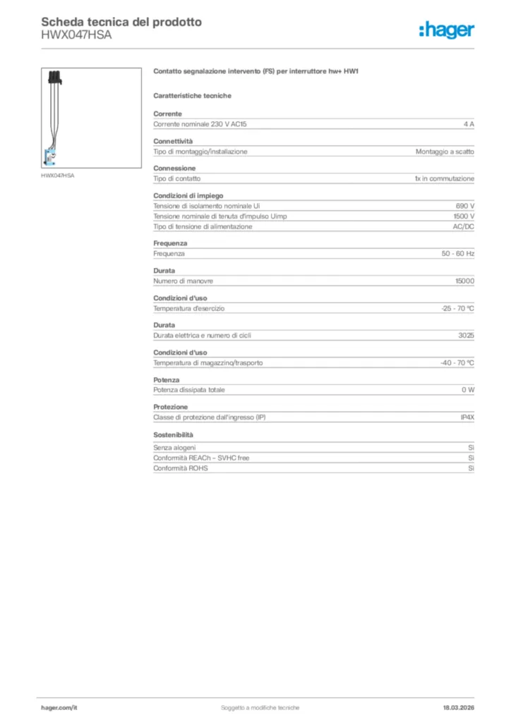 Immagine Hager Scheda tecnica del prodotto HWX047HSA | Hager Italia