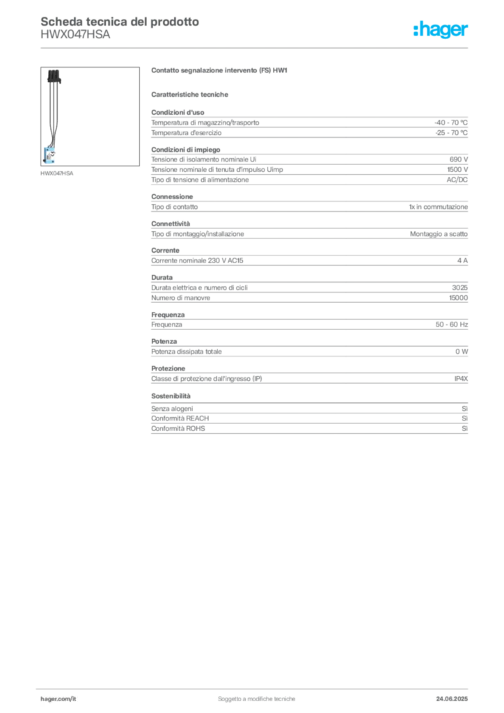 Immagine Hager Scheda tecnica del prodotto HWX047HSA | Hager Italia