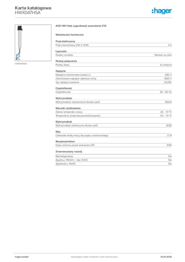 Zdjęcie Hager Karta katalogowa HWX047HSA | Hager Polska