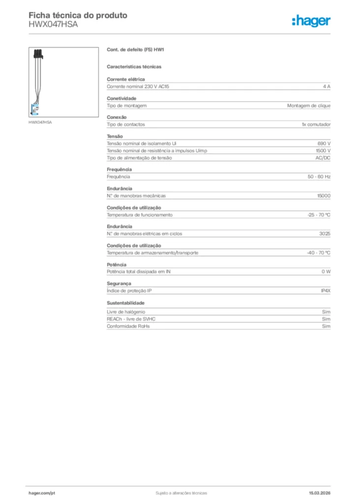 Imagem Hager Ficha técnica do produto HWX047HSA | Hager Portugal