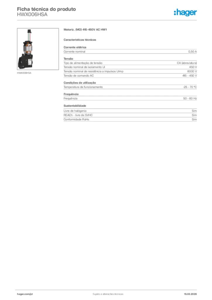 Imagem Hager Ficha técnica do produto HWX006HSA | Hager Portugal