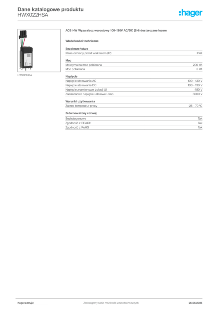 Zdjęcie Hager Dane katalogowe produktu HWX022HSA | Hager Polska