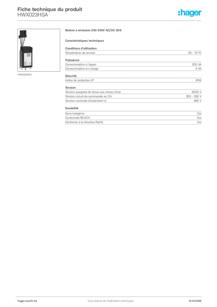 Image Hager Fiche technique du produit HWX023HSA | Hager Belgique