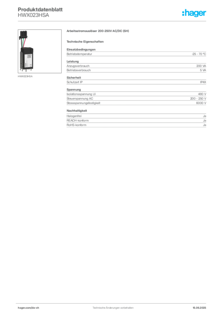 Bild Hager Produktdatenblatt HWX023HSA | Hager Schweiz
