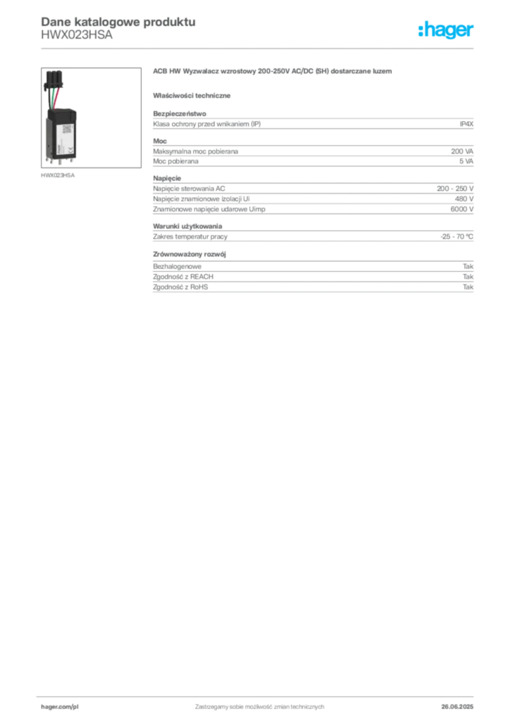 Zdjęcie Hager Dane katalogowe produktu HWX023HSA | Hager Polska