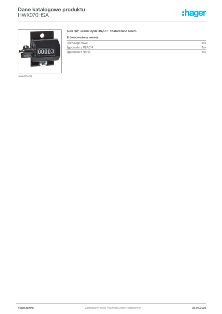 Zdjęcie Hager Dane katalogowe produktu HWX070HSA | Hager Polska