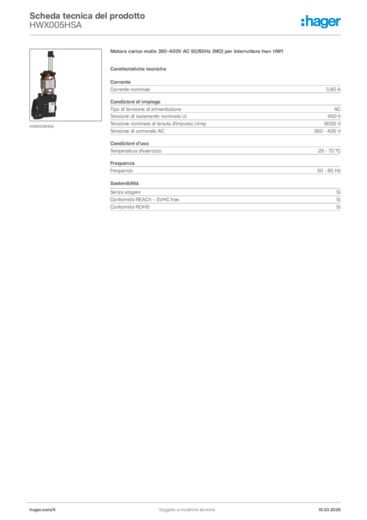 Immagine Hager Scheda tecnica del prodotto HWX005HSA | Hager Italia
