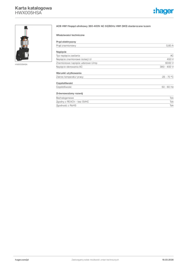 Zdjęcie Hager Karta katalogowa HWX005HSA | Hager Polska