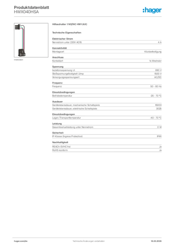 Bild Hager Produktdatenblatt HWX040HSA | Hager Deutschland