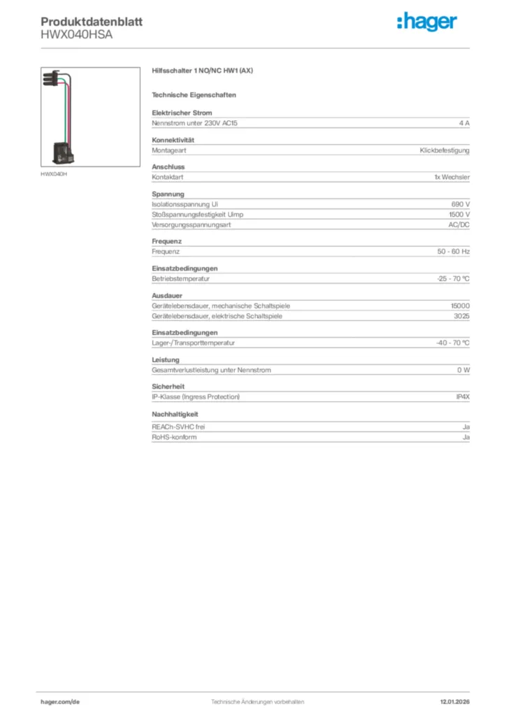 Bild Hager Produktdatenblatt HWX040HSA | Hager Deutschland