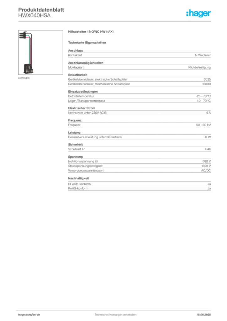 Bild Hager Produktdatenblatt HWX040HSA | Hager Schweiz