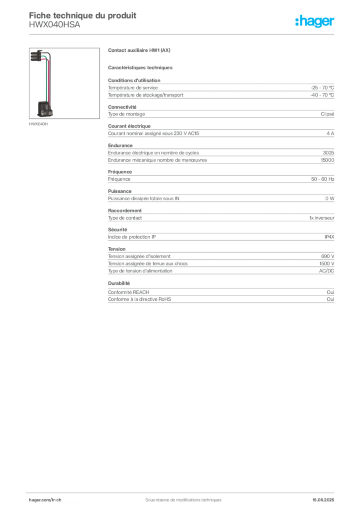 Image Hager Fiche technique du produit HWX040HSA | Hager Suisse
