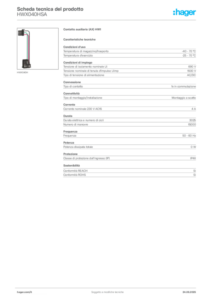 Immagine Hager Scheda tecnica del prodotto HWX040HSA | Hager Italia