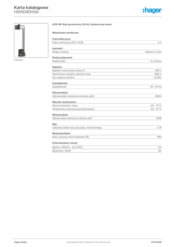 Zdjęcie Hager Karta katalogowa HWX040HSA | Hager Polska