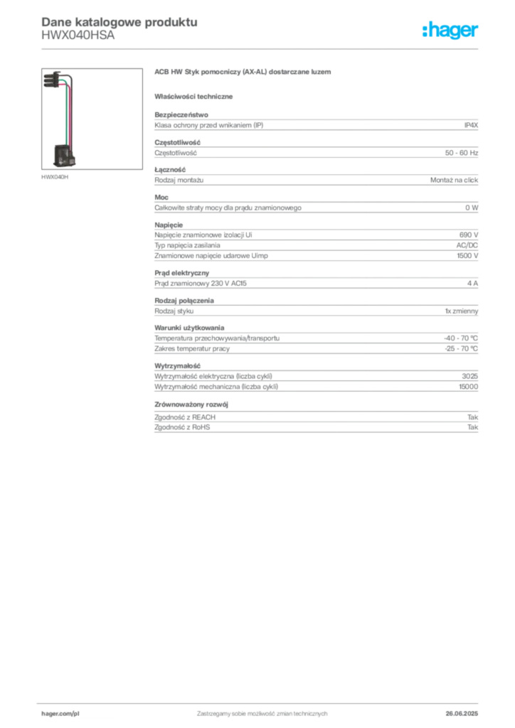Zdjęcie Hager Dane katalogowe produktu HWX040HSA | Hager Polska
