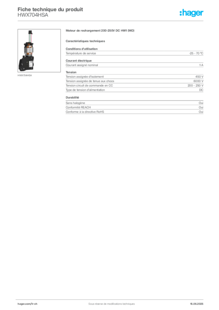 Image Hager Fiche technique du produit HWX704HSA | Hager Suisse