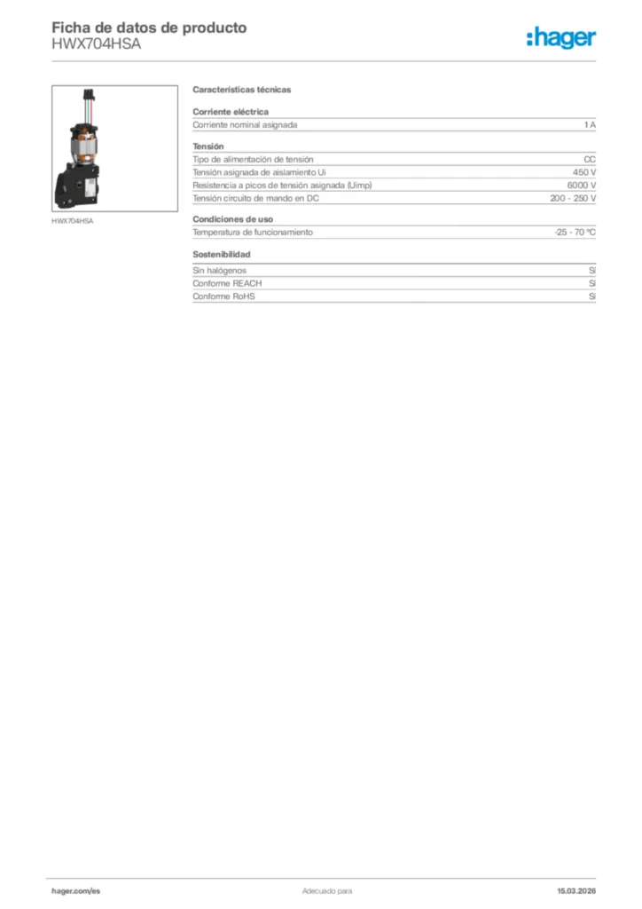 Imagen Hager Ficha de datos de producto HWX704HSA | Hager España