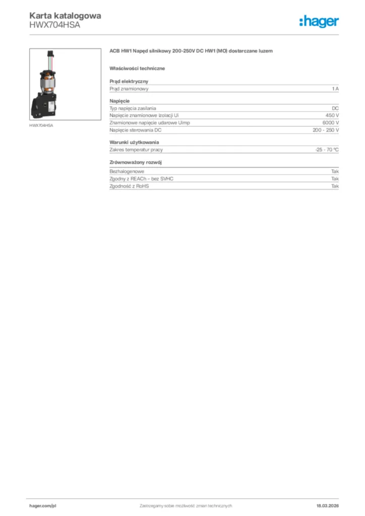 Zdjęcie Hager Karta katalogowa HWX704HSA | Hager Polska