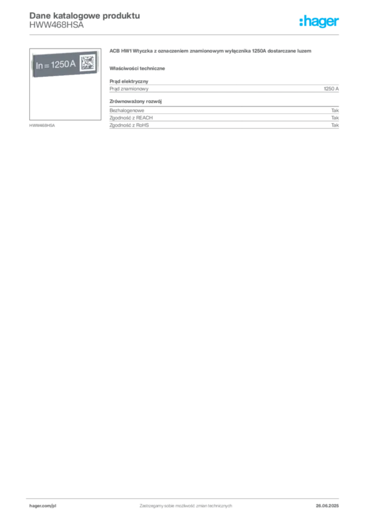 Zdjęcie Hager Dane katalogowe produktu HWW468HSA | Hager Polska