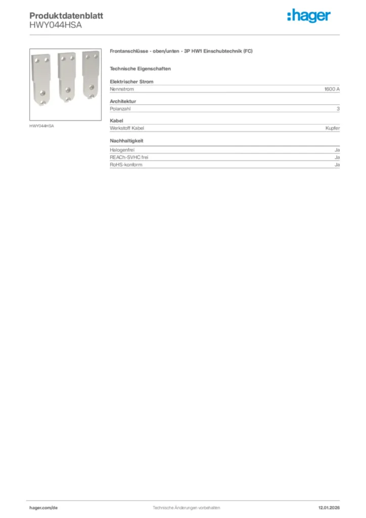 Bild Hager Produktdatenblatt HWY044HSA | Hager Deutschland