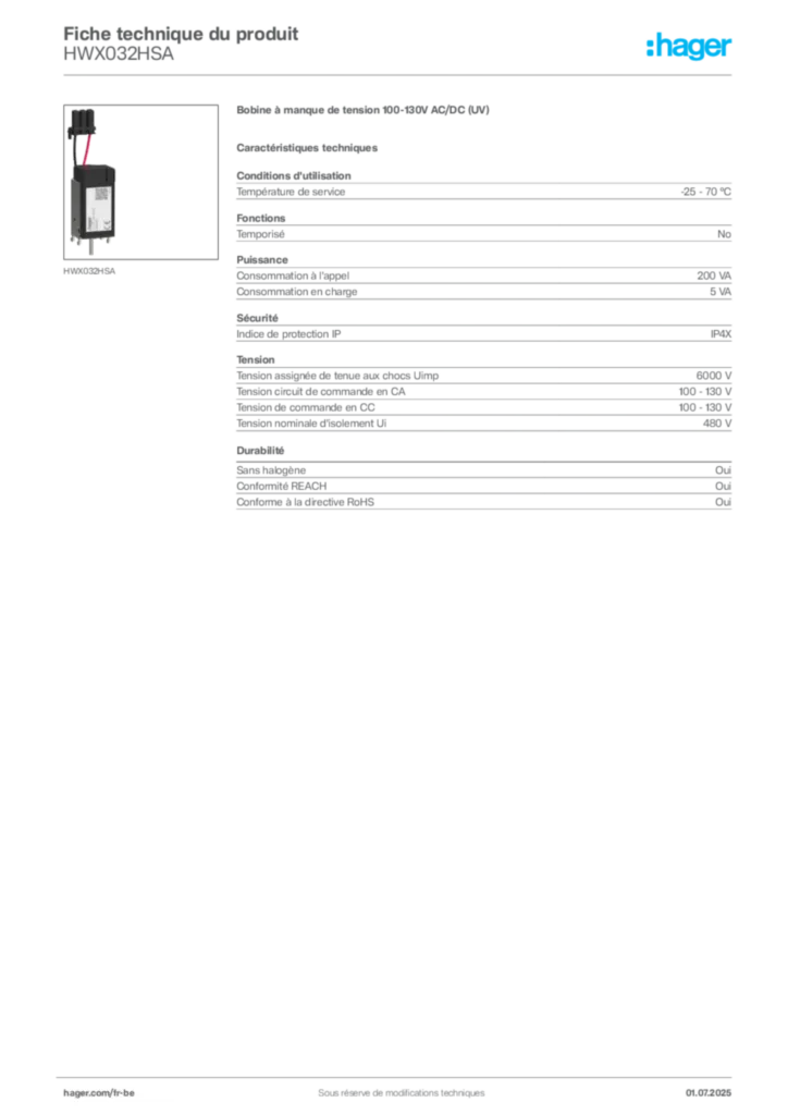 Image Hager Fiche technique du produit HWX032HSA | Hager Belgique