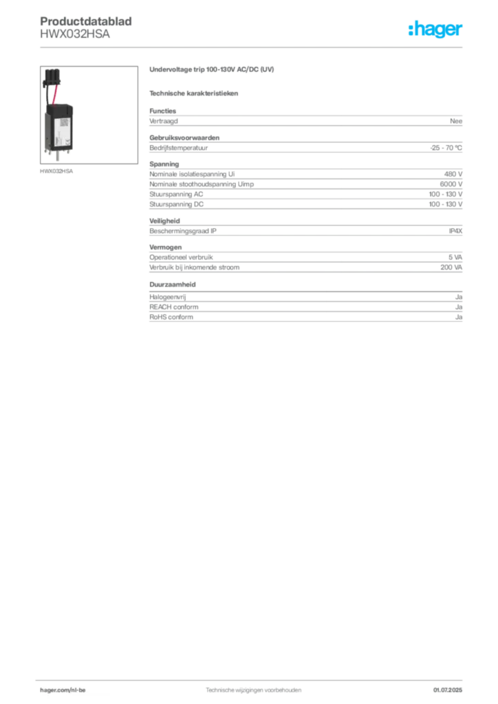 Afbeelding Hager Productdatablad HWX032HSA | Hager Belgium