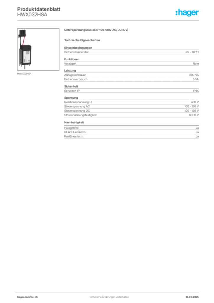 Bild Hager Produktdatenblatt HWX032HSA | Hager Schweiz