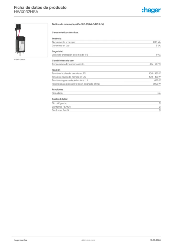 Imagen Hager Ficha de datos de producto HWX032HSA | Hager España