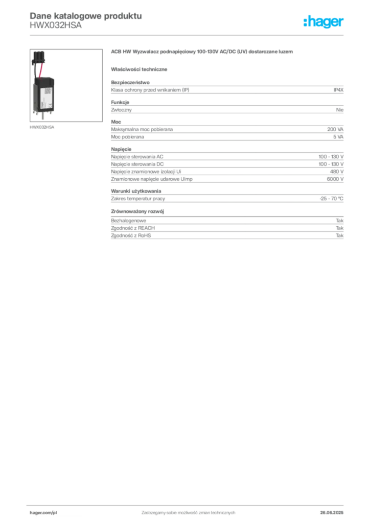 Zdjęcie Hager Dane katalogowe produktu HWX032HSA | Hager Polska