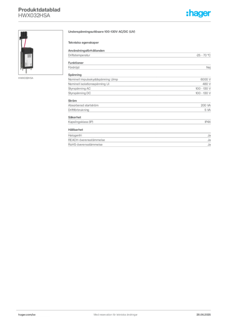 Bild Hager Produktdatablad HWX032HSA | Hager Sverige