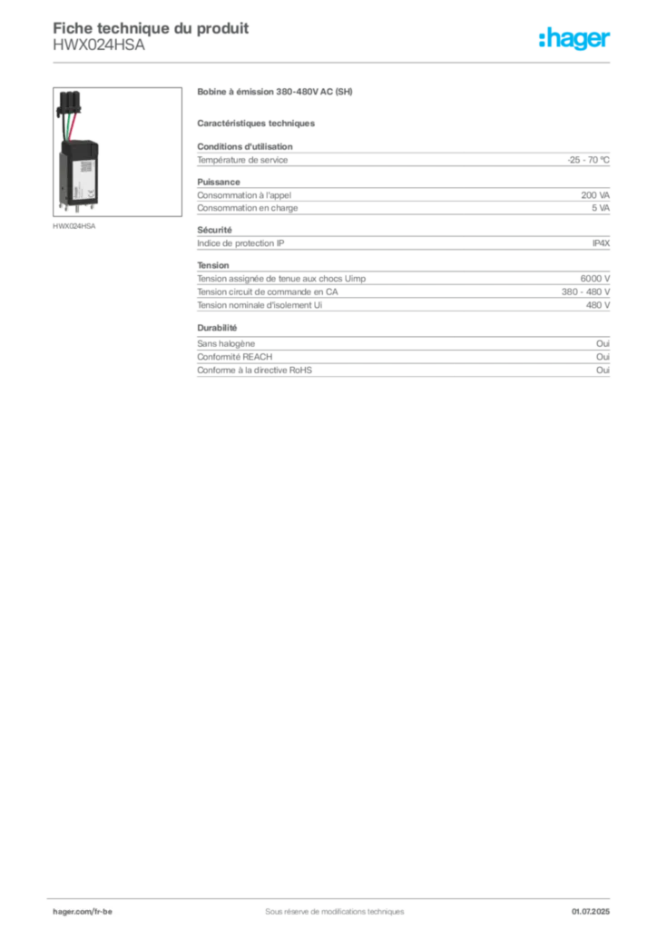 Image Hager Fiche technique du produit HWX024HSA | Hager Belgique