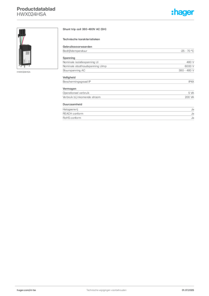 Afbeelding Hager Productdatablad HWX024HSA | Hager Belgium