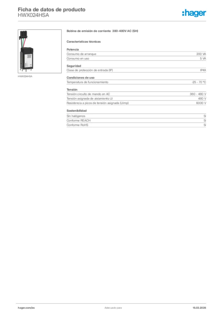 Imagen Hager Ficha de datos de producto HWX024HSA | Hager España