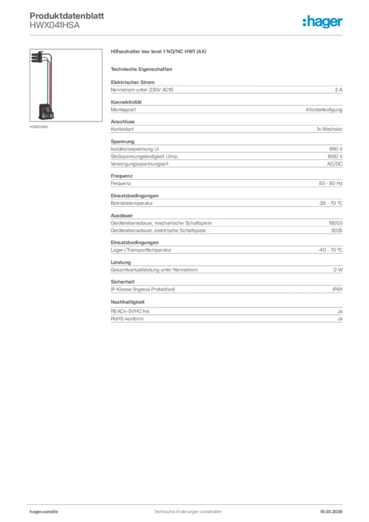 Bild Hager Produktdatenblatt HWX041HSA | Hager Deutschland