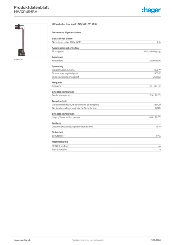Bild Hager Produktdatenblatt HWX041HSA | Hager Schweiz