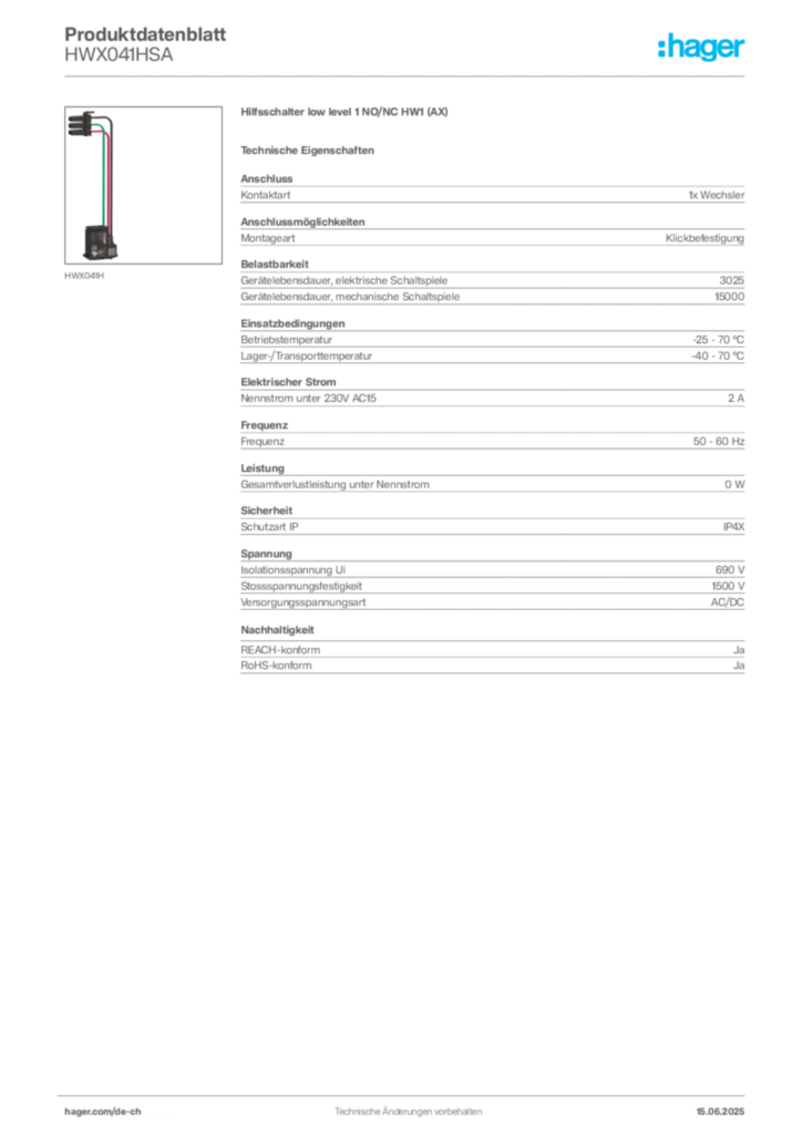 Bild Hager Produktdatenblatt HWX041HSA | Hager Schweiz