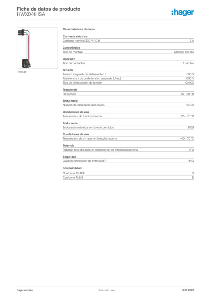 Imagen Hager Ficha de datos de producto HWX041HSA | Hager España