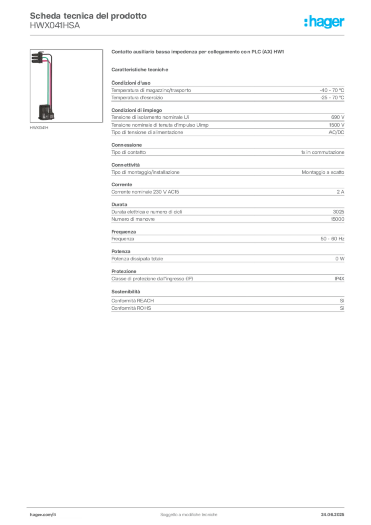 Immagine Hager Scheda tecnica del prodotto HWX041HSA | Hager Italia