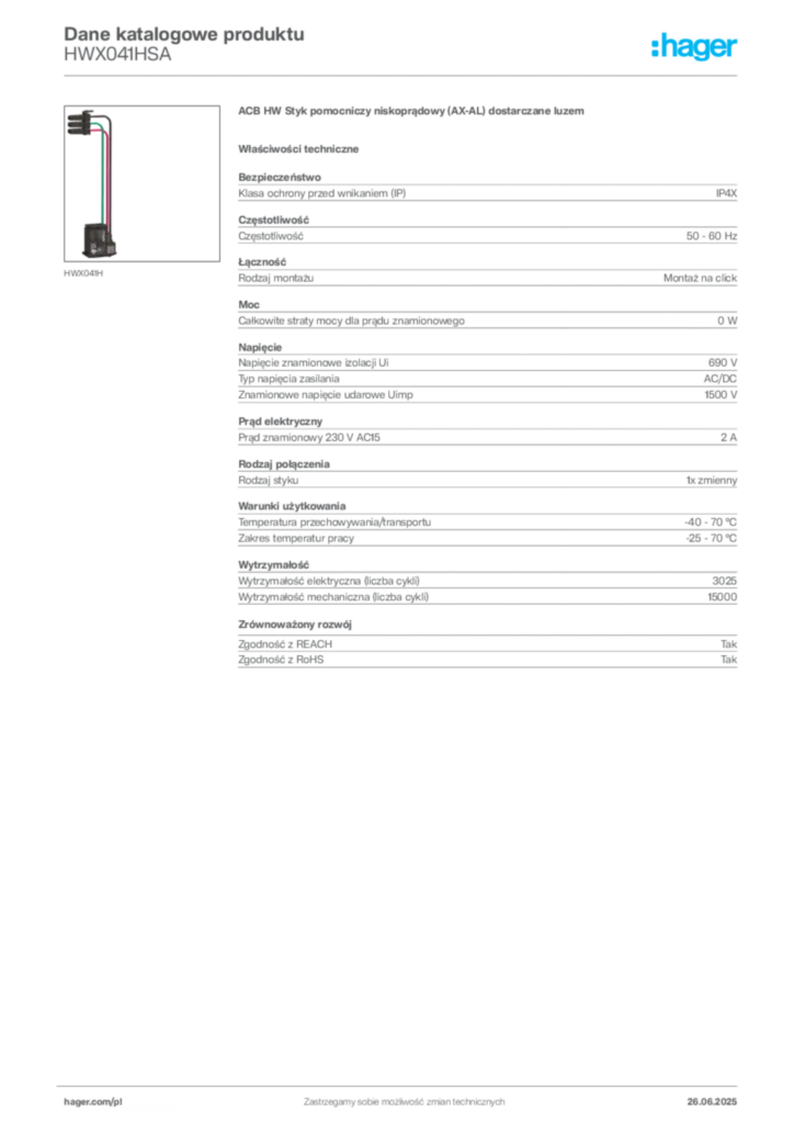 Zdjęcie Hager Dane katalogowe produktu HWX041HSA | Hager Polska