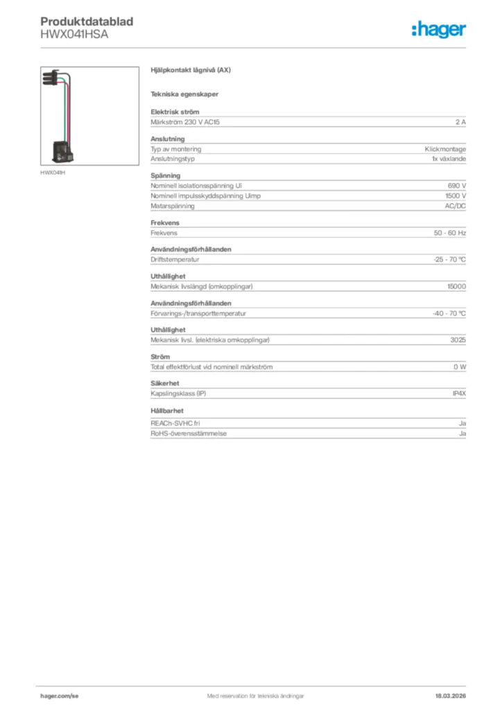 Bild Hager Produktdatablad HWX041HSA | Hager Sverige