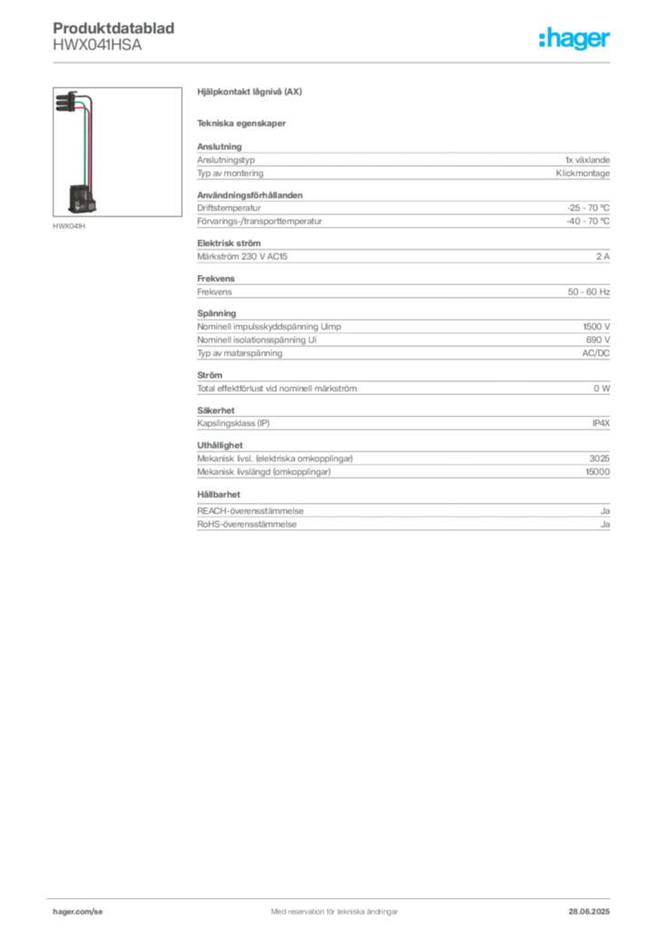 Bild Hager Produktdatablad HWX041HSA | Hager Sverige