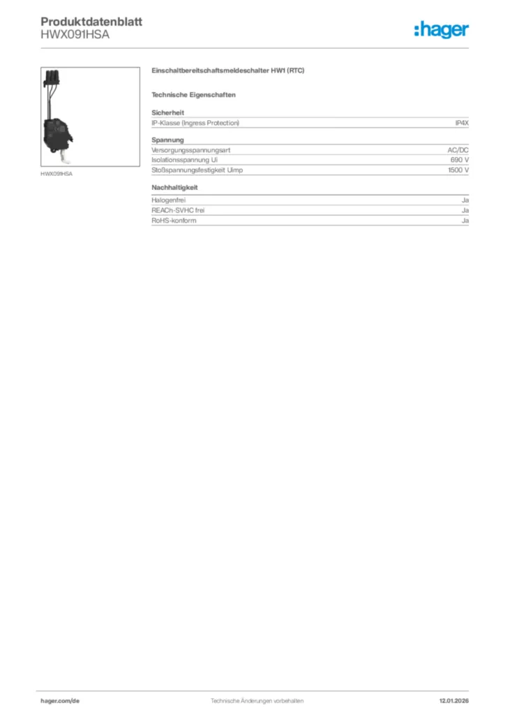 Bild Hager Produktdatenblatt HWX091HSA | Hager Deutschland