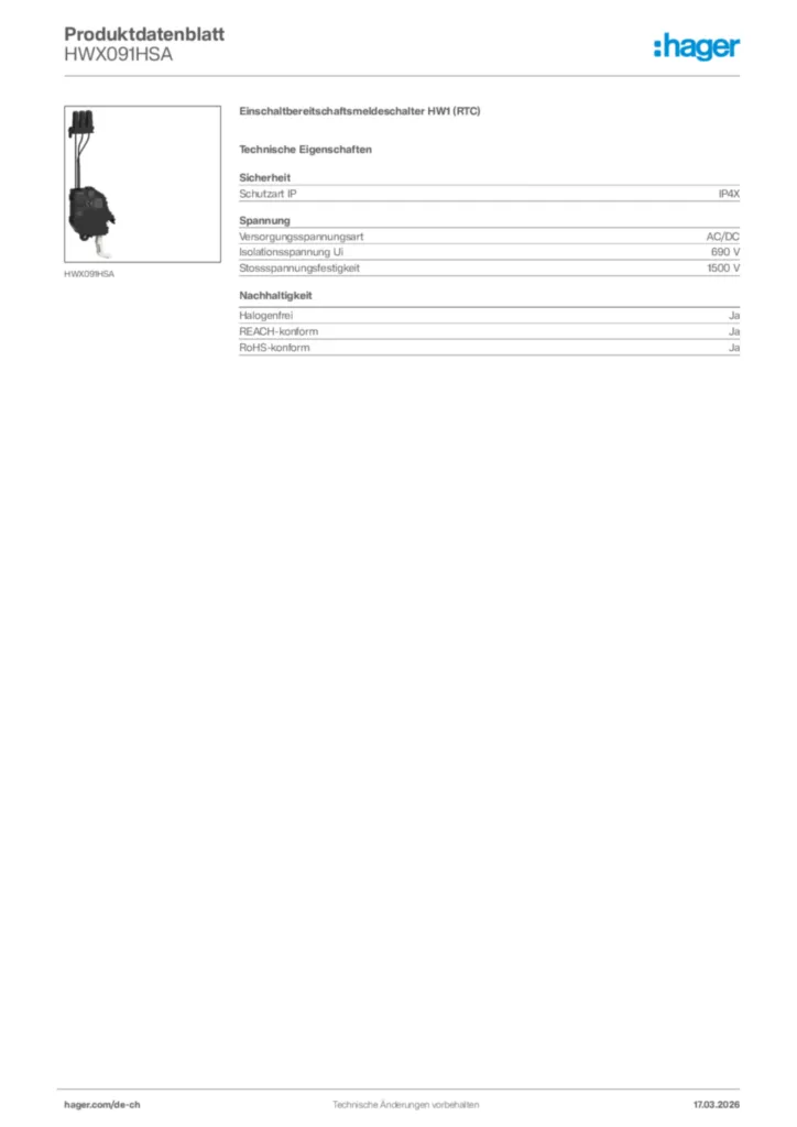 Bild Hager Produktdatenblatt HWX091HSA | Hager Schweiz