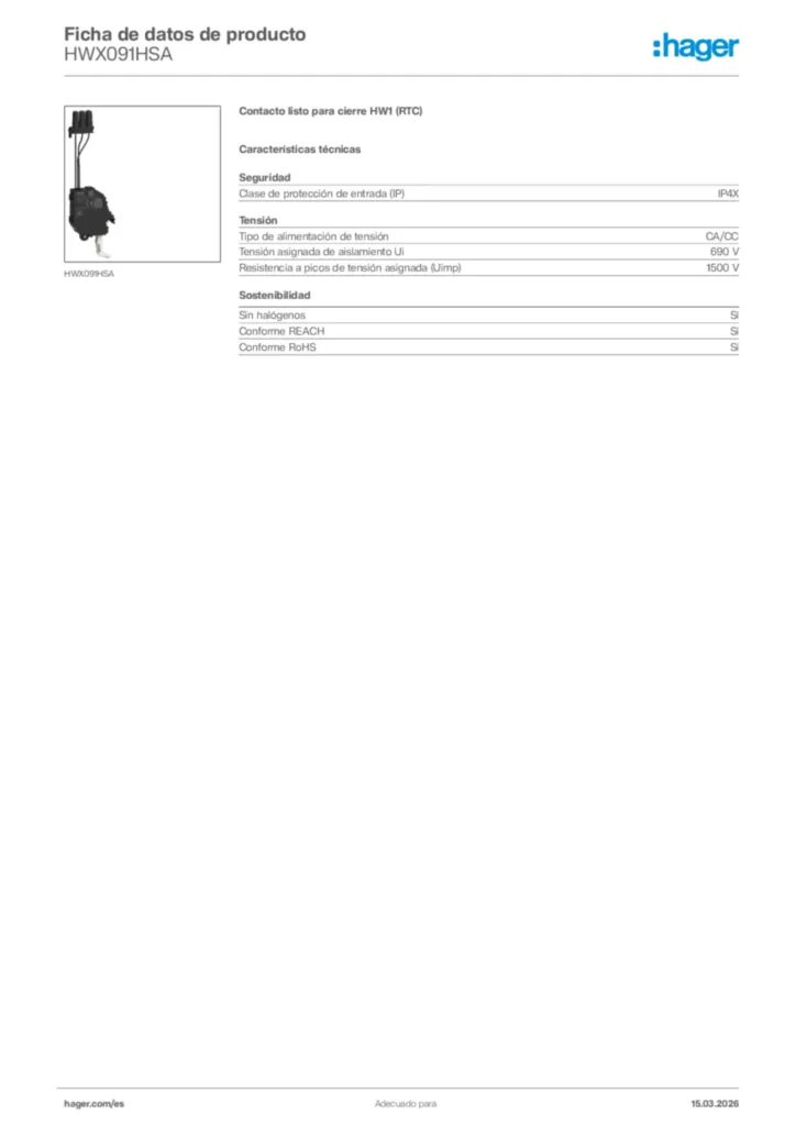 Imagen Hager Ficha de datos de producto HWX091HSA | Hager España