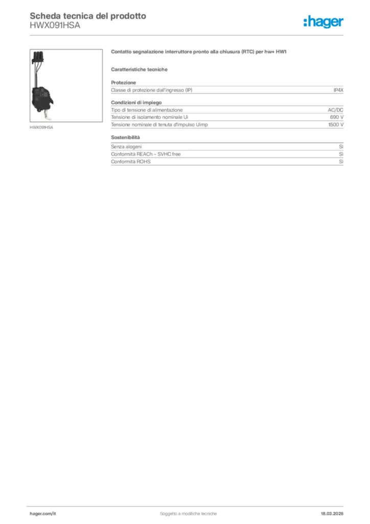 Immagine Hager Scheda tecnica del prodotto HWX091HSA | Hager Italia