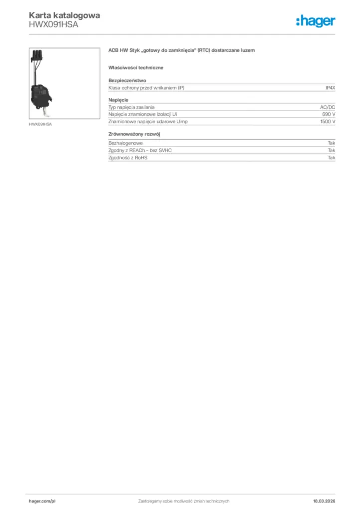 Zdjęcie Hager Karta katalogowa HWX091HSA | Hager Polska
