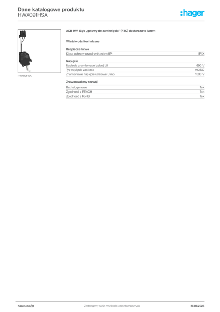 Zdjęcie Hager Dane katalogowe produktu HWX091HSA | Hager Polska