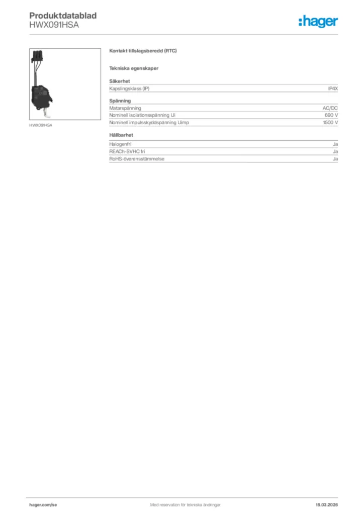 Bild Hager Produktdatablad HWX091HSA | Hager Sverige